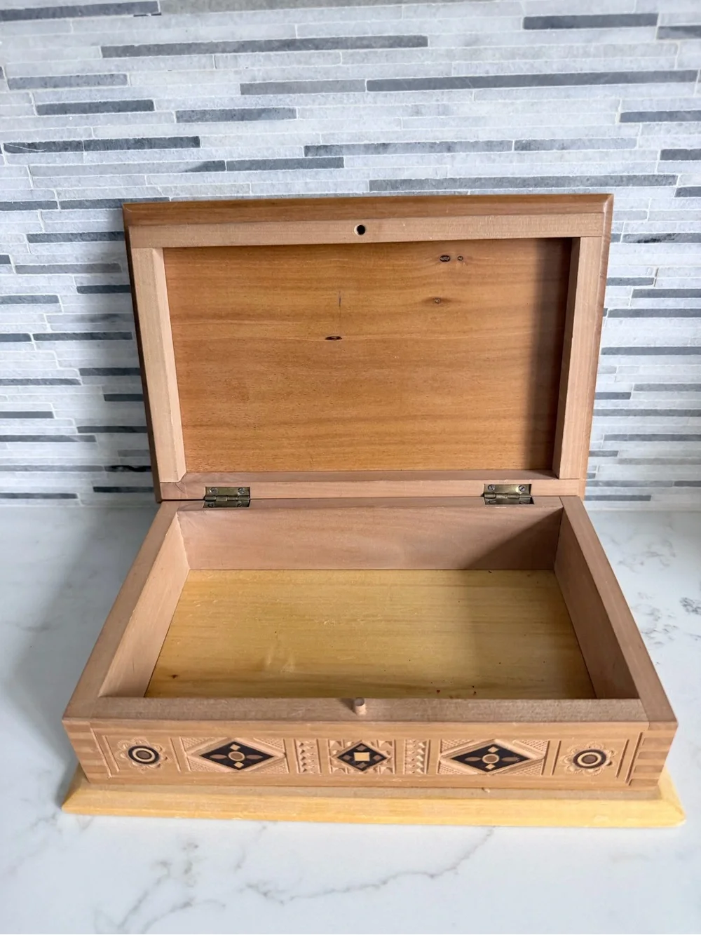 Vintage Hand Made Carved Wood Inlay Decorative Box - Brown & Black Accent